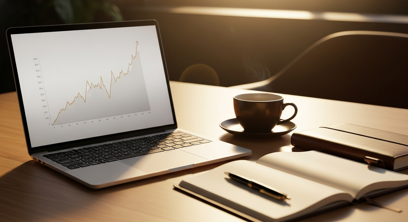 מחשב נייד המציג גרף צמיחה על שולחן עבודה